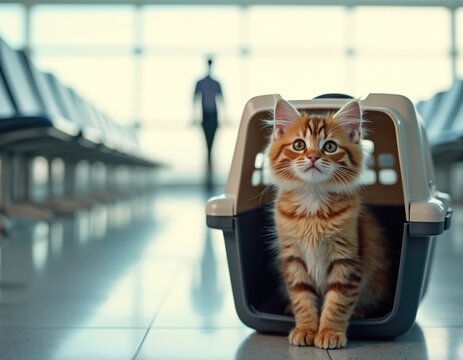Fototapeta Ginger kitten sits in carrier at airport terminal, waiting for travel. Curious feline observes surroundings. Pet transportation concept, domestic animal journey.