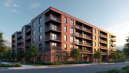 Modern apartment building exterior features red brick, grey siding facades at dusk. Balconies, large windows, landscaping create contemporary urban scene. Residential complex, real estate development.
