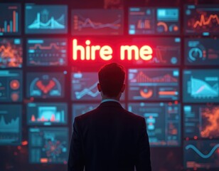 Businessman in suit faces wall of screens displaying data charts, graphs. Glowing neon sign reads hire. Digital cyberspace interface represents modern job search, career opportunities in tech