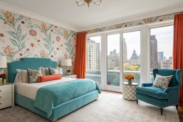 Elegant bedroom with teal bed and floral wallpaper