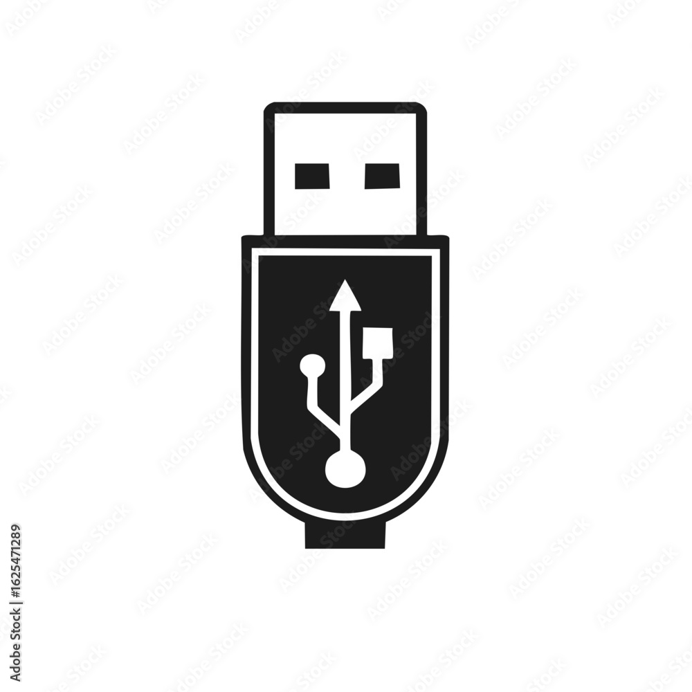Poster minimalist usb plug icon with connection symbol. simple black and white graphic for technology and d