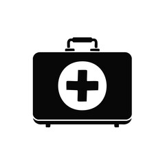 Obraz premium Simple black first aid kit medical emergency box icon with a prominent white cross symbol