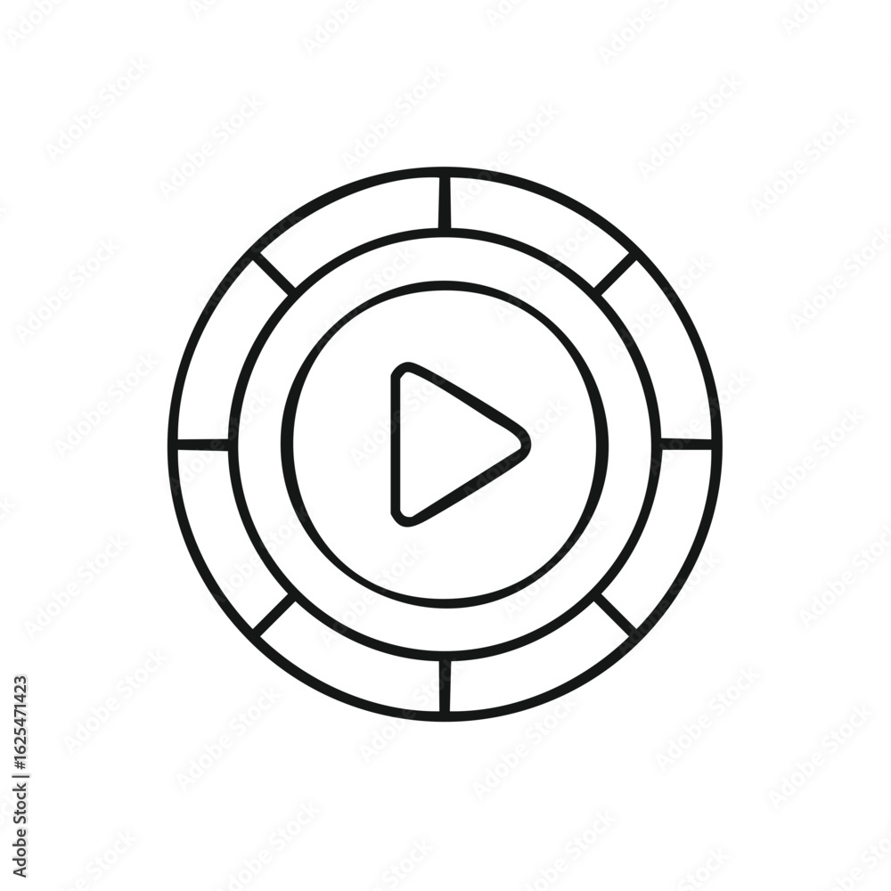 Poster circular interface with play button icon and segmented outer ring symbol