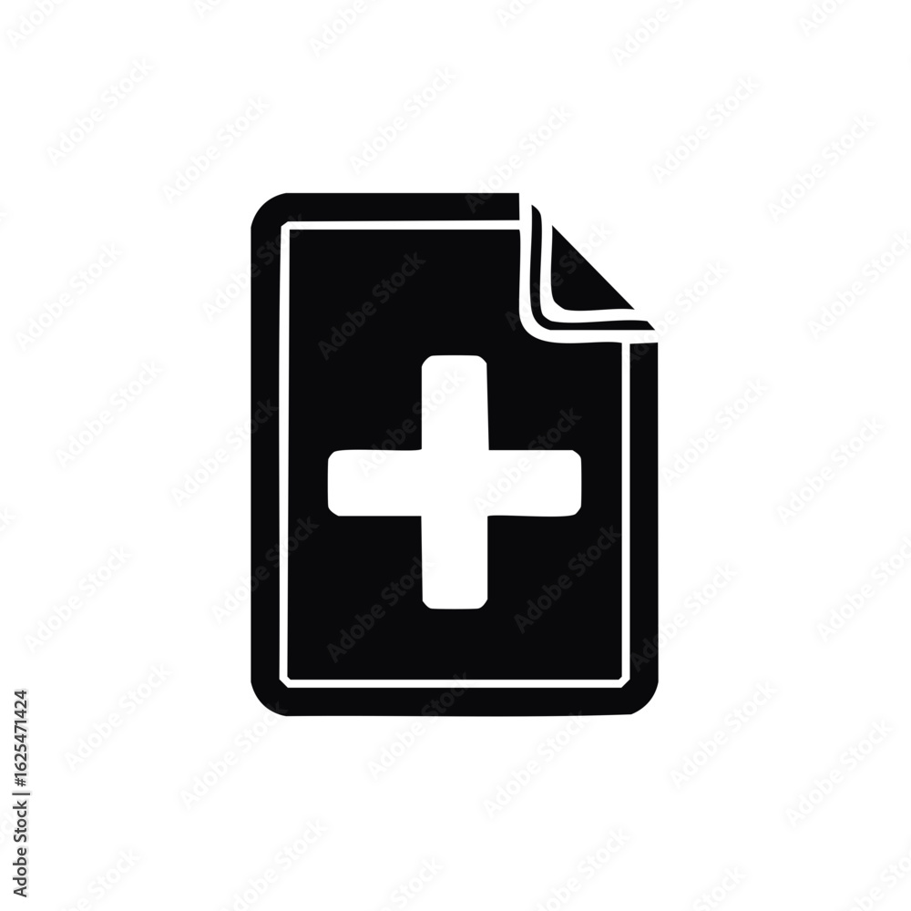 Poster add new file icon with a plus symbol. simple black glyph for creating documents or medical records.