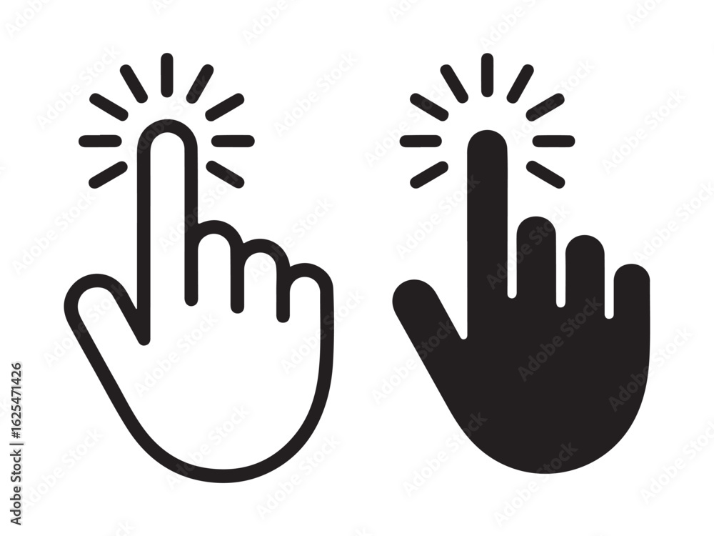 Aufkleber two hand cursor icons one outlined and one filled in black on a white background in a simple style