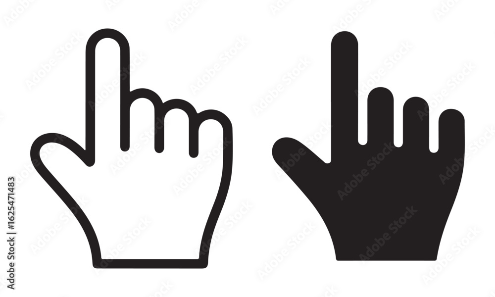 Aufkleber two hand cursor icons one outlined and one filled in black on a white background in a simple style