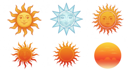 Photo of a collection of six sun illustrations with different facial expressions, isolated on transparent background