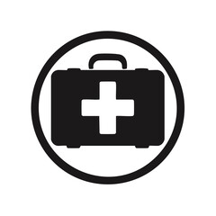 Obraz premium First aid kit icon inside a circle denoting emergency medical help and healthcare resources, graphic illustration of health box