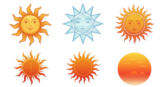 Photo of a collection of six sun illustrations with different facial expressions, isolated on transparent background - Powered by Adobe