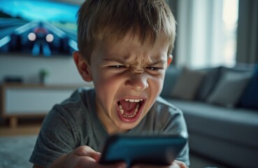 Young boy yells at smartphone screen in frustration. Captures anger, tech addiction, online gaming issues, communication problems. Shows child emotional outburst during gameplay video call. Youthful
