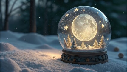 Magical snow globe with moon and stars creating a dreamy winter wonderland scene