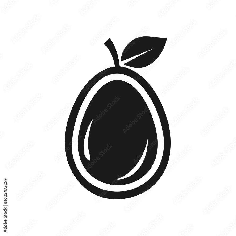 Poster guava fruit icon vector design featuring smooth black surface and leaf outline for minimalist creati