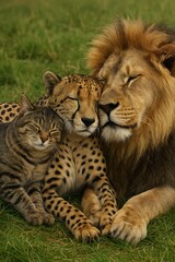 Fototapeta premium Unlikely Animal Friends - Cat, Cheetah, and Lion Cuddling Together in Harmony