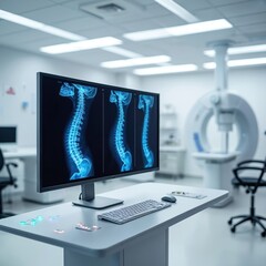 Fototapeta premium Modern clinic features advanced diagnostic tools for early detection of rheumatic diseases. Computer displays spinal X-rays, medical progress in arthritis assessment, patient care, treatment