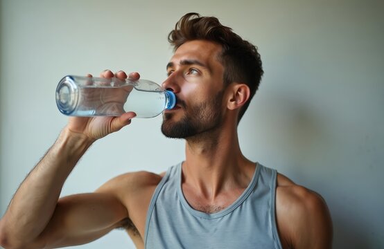 Athletic man drinks water after intense workout refreshing body during hot summer day. Hydrated after exercise showing healthy lifestyle, fitness routine. Thirsty male model enjoys cool drink from
