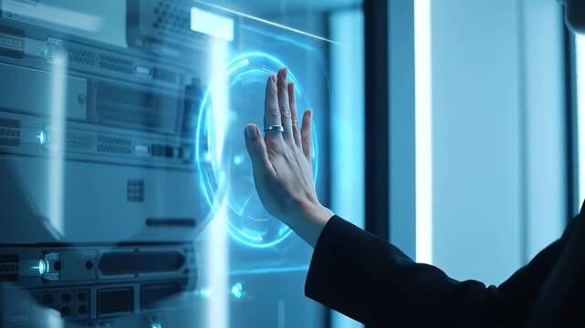Engineer in a server room accesses a secure generated file by touching a futuristic holographic interface, showcasing advanced network technology. - Powered by Adobe