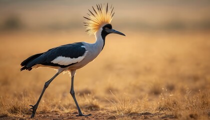 Obraz premium Secretary bird with striking head crest walks on dry African savanna searching for food. Large terrestrial bird of prey long legs, alert, observant demeanor. Arid landscape with blurred background