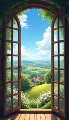 Fototapeta premium Open wooden window frames serene pastoral landscape of rolling green hills, scattered cottages under bright blue sky with fluffy clouds. White flowers border foreground, framing charming view of