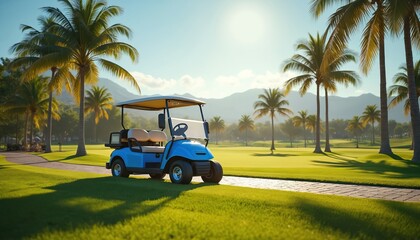 Blue golf cart parked on manicured green grass, next to a paved path. Palm trees and distant mountains under a bright sunny sky. Rich golf course landscape.