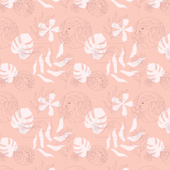 Elegant Botanical and Woman Line Art  seamless pattern