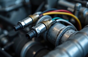 Close-up of diesel engine lambda probe, oxygen sensor. Automotive parts for exhaust gas system, emission control. Diesel engine turbine components, wiring. Automotive repair, maintenance, engineering.