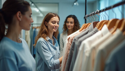 Women shop for clothes, examining fabric quality and style. Focus on sustainable fashion choices, ethical sourcing, and transparent supply chains. AI enhances fashion industry traceability.