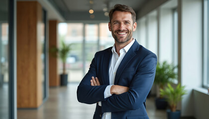 Confident hispanic businessman smiles in office. Man in navy suit with arms crossed, stands in modern corporate hallway. Pro represents success, career growth, and positive work environment.