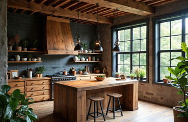 Industrial kitchen with reclaimed wood accents. Features large wooden island with bar stools, exposed wooden ceiling beams, brick walls. Large windows overlook rich green outdoor space. Modern