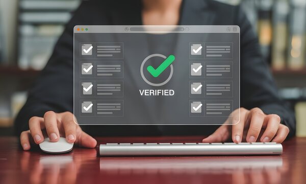Digital Verification: A close-up shot of a professional's hands, diligently navigating a computer interface, the central focus on a digital verification symbol.