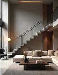 Modern living room features concrete walls, minimalist design. Beige, neutral tones create calm, relaxing ambience. Furniture includes sleek sofa, plush cushions, dark wood coffee table with books.
