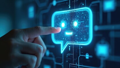 Futuristic digital chatbot icon glows with energy, finger interacts with virtual interface. AI technology offers accessible customer service, communication, support, and solutions.