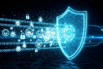 Glowing blue shield protecting digital data from viruses and threats in a binary code environment