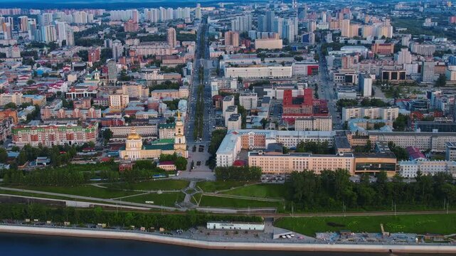Aerial top view panorama city Perm and Kama river Russia, sunset summer day.
