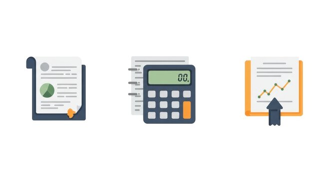 Financial Analysis Icons: Calculator, Charts, and Documents for Business Growth - Powered by Adobe