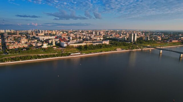 Aerial top view panorama city Perm and Kama river Russia, sunset summer day.