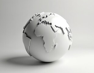 Minimalist white globe featuring embossed continents on a smooth sphere. Subtle shadows and light create depth. Clean, modern 3D rendering ideal for global, geography, or design concepts.