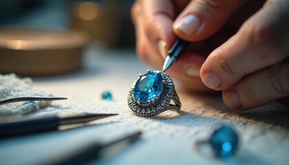 Jewelry maker meticulously crafts ring with large blue gemstone. Precision tools set stones in silver metal. Intricate design showcases artisan skill, luxury elegance, and detailed craftsmanship.