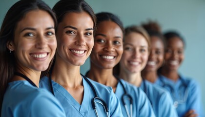 Fototapeta premium Diverse medical team of smiling doctors, nurses in blue uniforms with stethoscopes. Confident healthcare professionals pose together, representing success, collaboration, expertise in modern medicine.