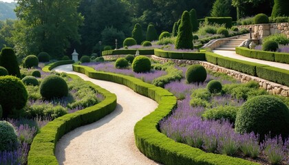 Expansive French garden features meticulously sculpted topiaries, curved lavender beds, stone pathways winding through rich green plants. Formal landscaping design elegance with symmetrical hedges,