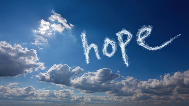 Word hope formed by ethereal light trails in blue sky with clouds