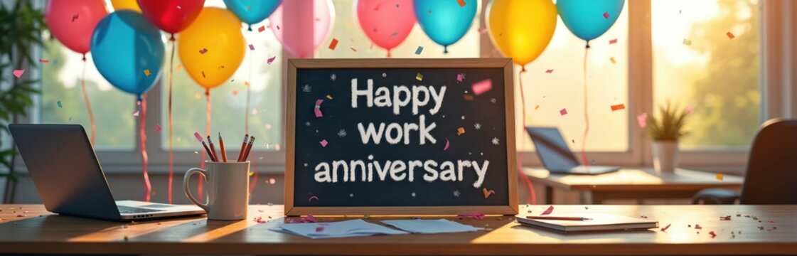 Office celebration for happy work anniversary with colorful balloons, falling confetti. Blackboard displays message Happy work anniversary. Workplace festivity recognizes employee milestone, team