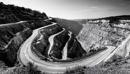 winding road through a deep quarry landscape in black and white