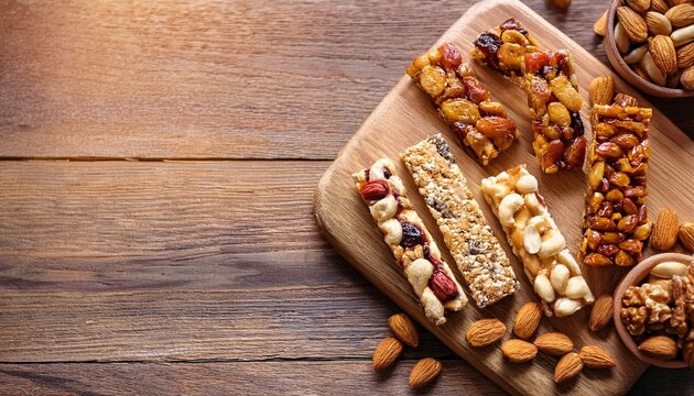 healthy snack bars with nuts and dried fruits on wooden table