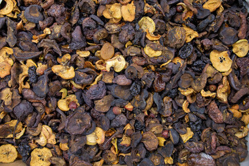 Dried fruits in a box. Sale of dried fruits at the market and store. Ingredients for uzvar from...