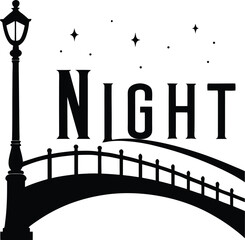 Street Lamp Illuminates a Bridge Under a Starry Night Sky new 2025 trendy silhouette in white background