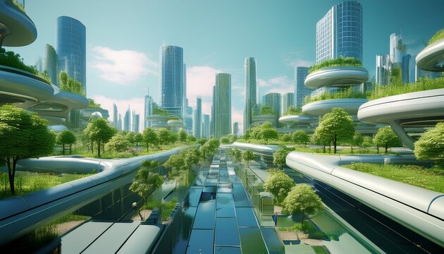 future urban design minimal composition smart city eco friendly architecture integrated tech cityscape 3d render