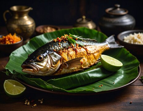 Peixe assado na folha de bananeira 