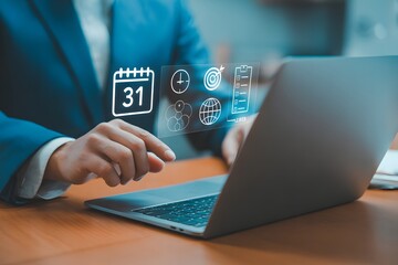 Scheduling Success: A Business professional is engrossed in planning tasks with a Laptop, visualizing digital calendar, target icons, time.