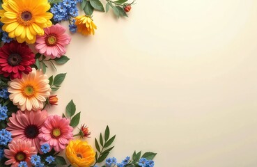 Fototapeta premium Bright floral border featuring yellow, orange, pink, red gerbera daisies with blue forget-me-nots, green leaves on cream background. Decorative top view layout with copy space ideal for greeting