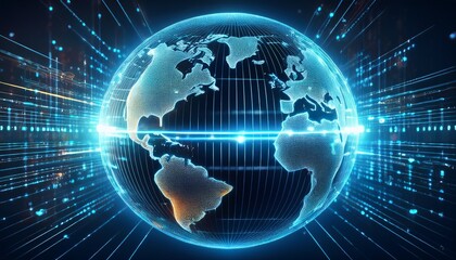 glowing digital globe with binary code and flowing data lines on a dark tech background symbolizing global connectivity and digital communication n